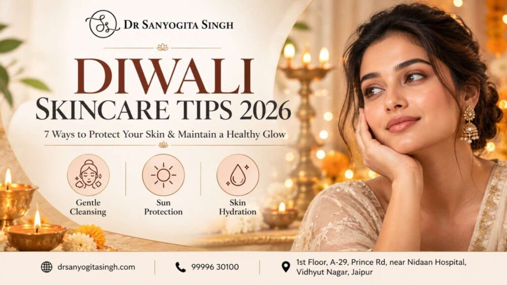 Diwali skincare tips 2026 for healthy, glowing skin by Dr. Sanyogita Singh, dermatologist in Jaipur.